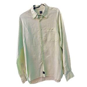 I K E BEHAR Men Linen Button Down Shirt Lg Green White Stripe Beach Summer Sun